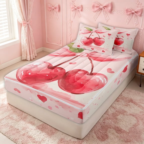 Erosebridal Watercolor Cherry Zipper Twin Comforter Sets with Fitted Sheet and 2 Pillowcases for Girls, Lovely Heart Print Zipper Bedding Set, Pink Reversible, 4-Piece