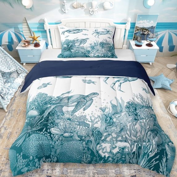 Erosebridal Watercolor Crab Turtle Twin Comforter Sets,Nautical Marine Animals Bedding Set For Men Women, Reversible 2-Piece