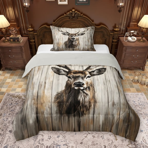 Erosebridal Watercolor Deer Twin Comforter Sets, Brown Old Barn Door Bedding Set, Gray Reversible, 1 Comforter and 1 Pillowcase