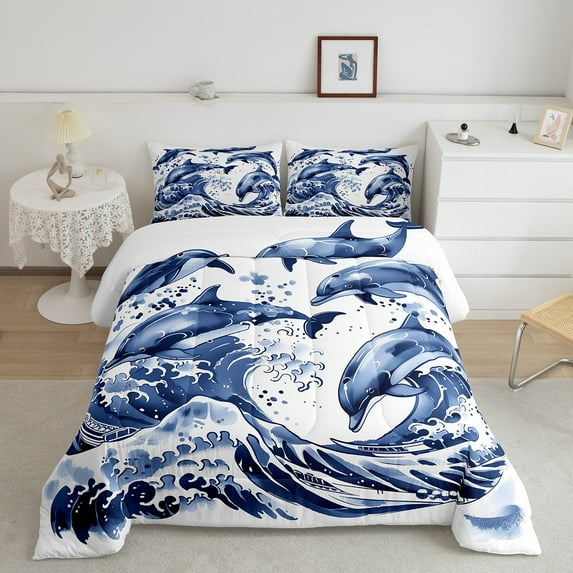 Erosebridal Watercolor Dolphin Bedding Queen Comforter Set, Sea Wave Down Comforter, Marine Animal Decor, Microfiber 3pcs