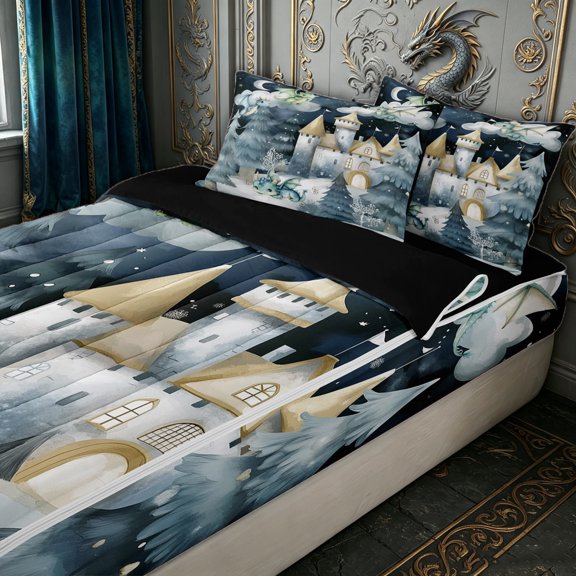 Erosebridal Watercolor Dragon Castle Zipper Twin Comforter Sets with Fitted Sheet and 2 Pillowcases for Girls Boys, Gray Blue Winter Snowy Fairy Zipper Bedding Set, Black Reversible, 4-Piece
