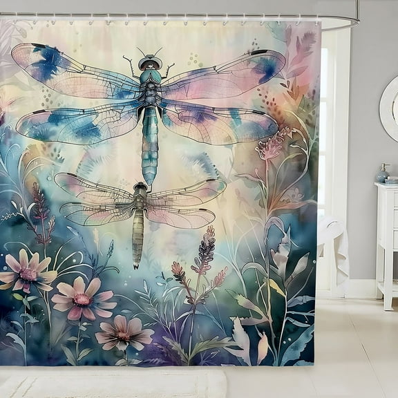Erosebridal Watercolor Dragonfly Shower Curtain 72x72, Vintage Flower Bath Curtain, Mother's Day Gifts
