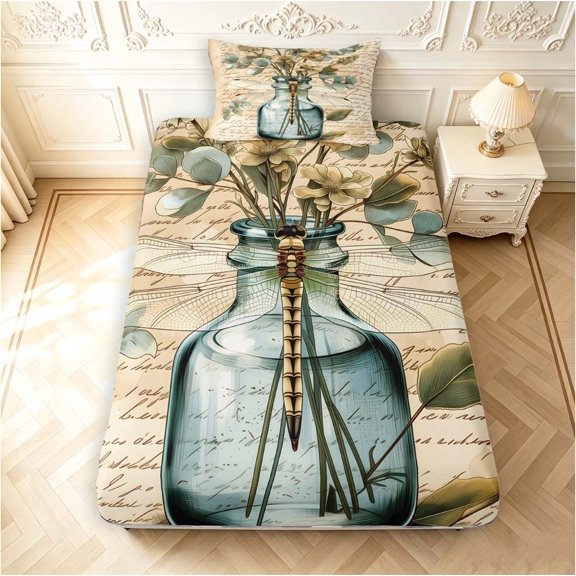 Erosebridal Watercolor Dragonfly Twin Fitted Sheet,Rustic Flower Bedding,Beige Green,2 Pieces,1 Fitted Sheet and 1 Pillowcase