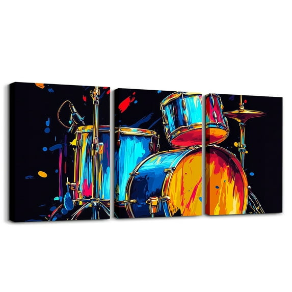 Erosebridal Watercolor Drumset Canvas Wall Art Living Room, Musical Instrument Framed Wall Art Set of 3