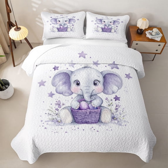 Erosebridal Watercolor Elephant Quilt Full,Purple Stars Floral Pattern Full Bedspread Sets For Girls,3pcs