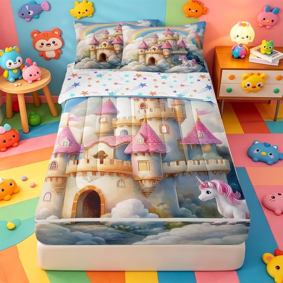 Erosebridal Watercolor Fantasy Cloud Castle Zipper Twin Comforter Sets with Fitted Sheet and 2 Pillowcases,Rainbow Unicorn Shooting Stars Zipper Bedding Set ,Colorful Stars Reversible,4-Piece