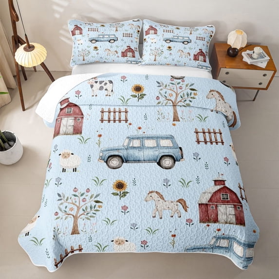 Erosebridal Watercolor Farm Animal Twin Quilt Set,Cartoon Truck Sheep Cow Horse Twin Coverlet Set For Boys,2-Piece