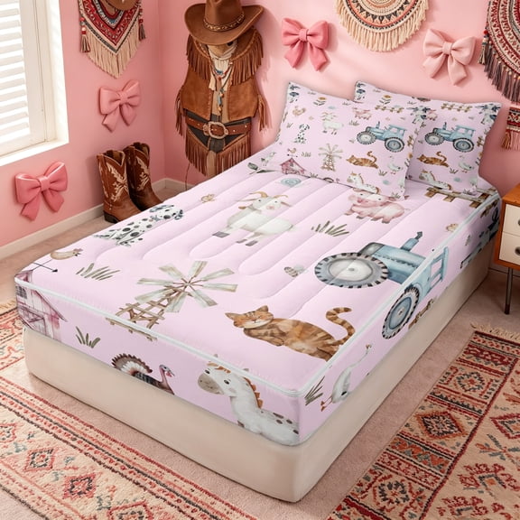 Erosebridal Watercolor Farm Animal Zipper Twin Comforter Sets with Fitted Sheet and 2 Pillowcases for Girls, Country Farmhouse Print Zipper Bedding Set, Pink Reversible, 4-Piece