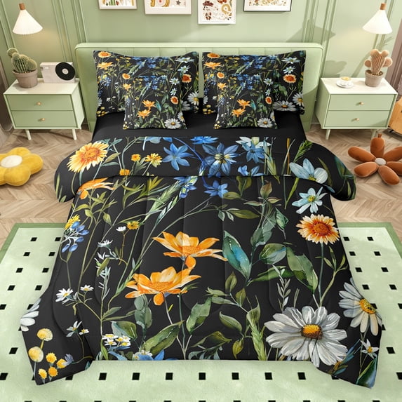 Erosebridal Watercolor Floral Bedding Comforter Set for Girls, Black King Bedding Sets, Black Reversible, 7-Piece