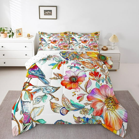 Erosebridal Watercolor Floral Bedding Sets King with Comforter, Rainbow Gradient Blossoms Flower Duvet Insert, Reversible 3pcs