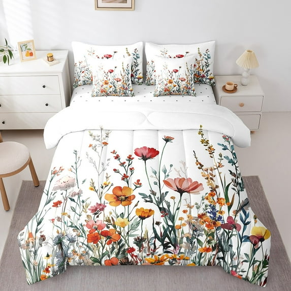 Erosebridal Watercolor Floral Bedding Sets Queen with Comforter, Rustic Botanical Duvet Insert, Colorful Flower Decor, Reversible