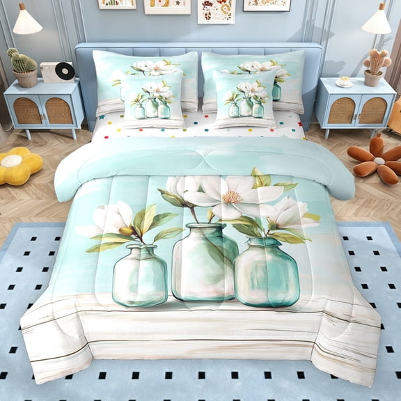 Erosebridal Watercolor Floral Twin Bedding Sets for Girls, Chic Shabby Bedding Comforter Set, Polka Dots Reversible, 7pcs