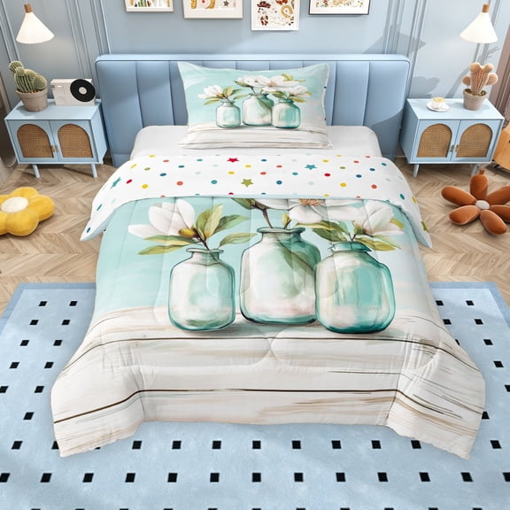 Erosebridal Watercolor Floral Twin Comforter Sets for Girls, Chic Shabby Bedding Set, Polka Dots Reversible, 2pcs