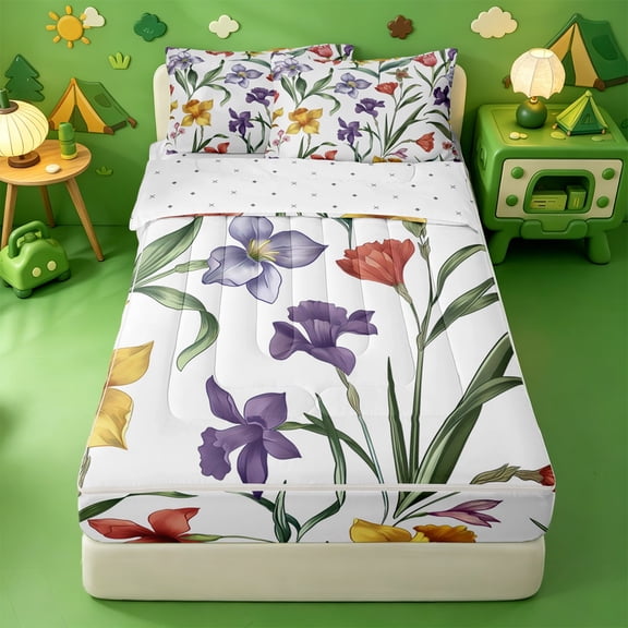Erosebridal Watercolor Floral Zipper Twin Comforter Sets with Fitted Sheet and 2 Pillowcases,Iris Carnation Flower Zipper Bedding Set For Adults,Reversible,4 Pieces