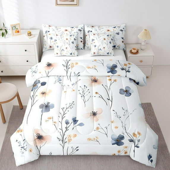 Erosebridal Watercolor Flower Bedding Sets Twin Size, Plant Botanical Comforter Sets with Sheets, Branches Bed Set, Lightweight Room Decorative, 7-Piece