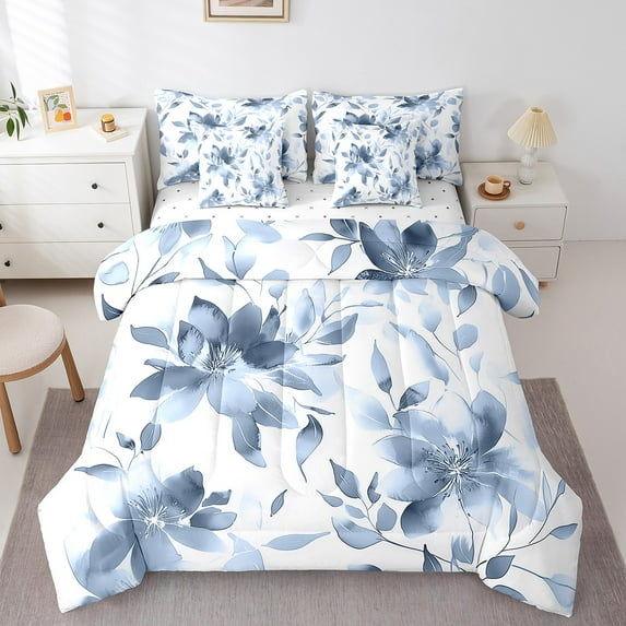 Erosebridal Watercolor Flower Bedding Sets Twin Size, Vintage Floral Comforter Sets with Sheets, Plant Room Decor, 7pcs