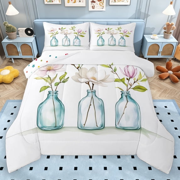 Erosebridal Watercolor Flower Queen Comforter Set for Girls, Chic Shabby Bedding Comforter Set, Polka Dots Reversible, 3pcs