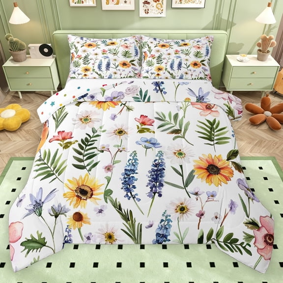 Erosebridal Watercolor Flower Queen Comforter Set for Girls, Sunflower Lavender Bedding Comforter Set, Polka Dots Reversible, 3pcs