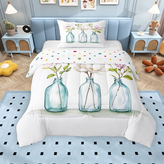 Erosebridal Watercolor Flower Twin Comforter Sets for Girls, Chic Shabby Bedding Set, Polka Dots Reversible, 2pcs