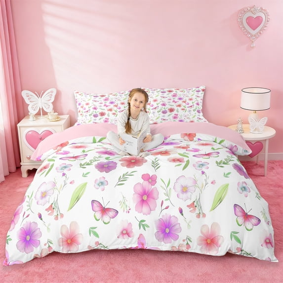 Erosebridal Watercolor Flowers Blossom Queen Duvet Cover Set,Colorful Omber Butterfly Bedding For Girl 3 Pieces,No Comforter,Reversible