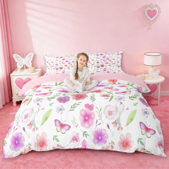 Erosebridal Watercolor Flowers Blossom Queen Duvet Cover Set,Colorful Omber Butterfly Bedding For Girl 3 Pieces,No Comforter,Reversible