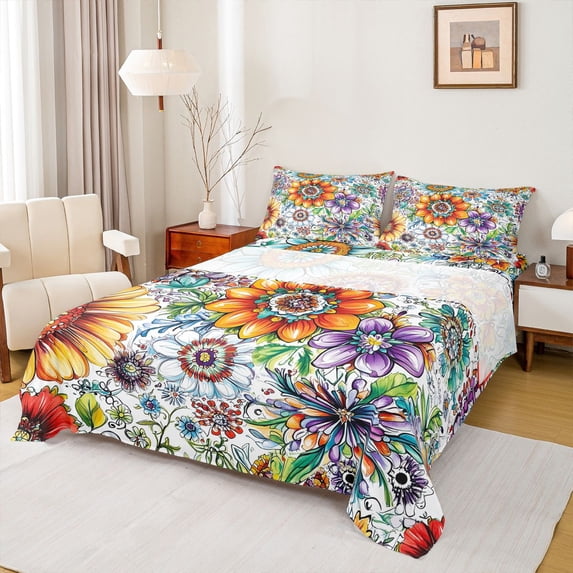 Erosebridal Watercolor Flowers Full Size Sheets,Retro Bohemian Floral Bed Sheets For Girl 4 Pieces