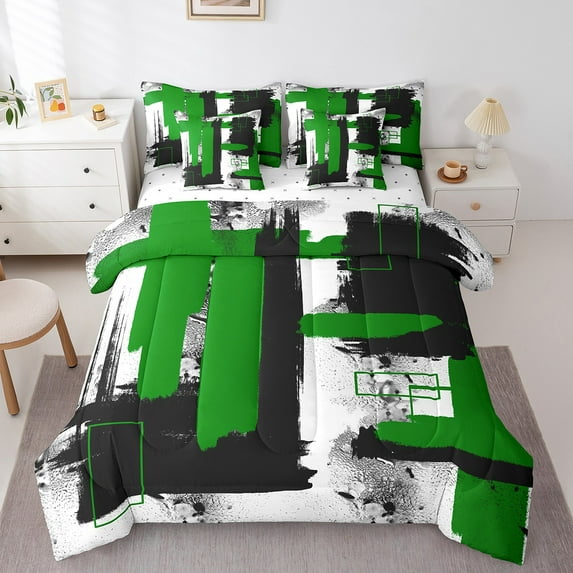 Erosebridal Watercolor Geometry Stripes Bedding Sets Full Size,Splash Ink Art Comforter Sets with Sheets,Green Black White Bed in a Bag Full Size,Lightweight Bedroom Decor Reversible,7-Piece