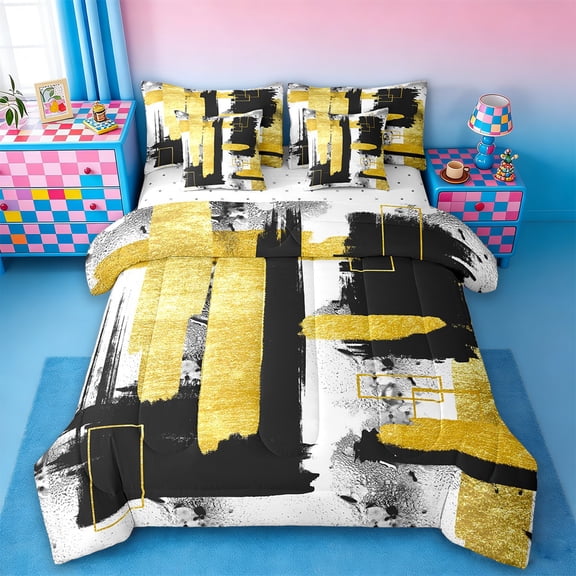 Erosebridal Watercolor Geometry Stripes Bedding Sets Twin Size,Splash Ink Art Comforter Sets with Sheets,Gold Black White Bed in a Bag Twin Size,Lightweight Bedroom Decor Reversible,7-Piece