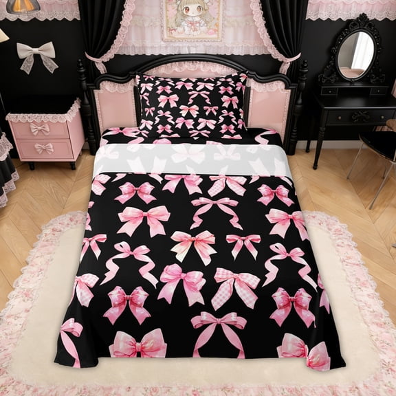 Erosebridal Watercolor Gingham Bow Twin Sheet Sets for Girls, Black Pink Bow Bedding for Women, 3pcs