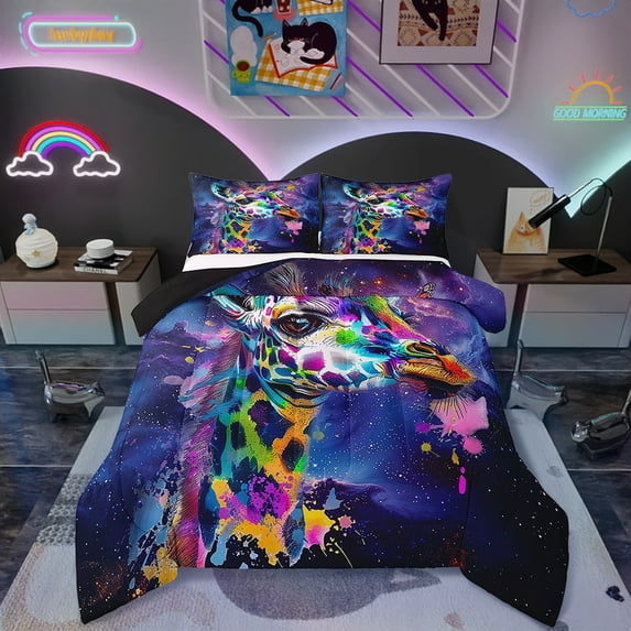 Erosebridal Watercolor Giraffe Bedding Full Size Purple Navy Blue Comforter Set Full, Woodland Wildlife Duvet Insert Cute Animal Quilt Comforter , Glitter Stars Galaxy 05