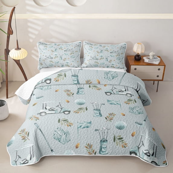 Erosebridal Watercolor Golf Glove Twin Quilt Set for Girls, Blue Golf Flag Print Twin Coverlet Set, 2pcs