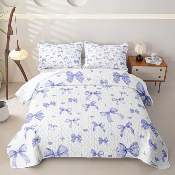 Erosebridal Watercolor Heart Bow Bed Spread Queen for Girls, Purple Gingham Ribbon Queen Coverlet Set, 3-Piece