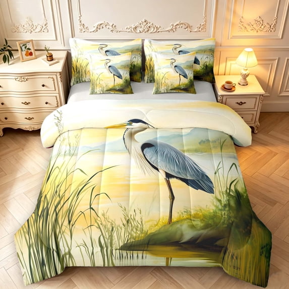Erosebridal Watercolor Heron Animals 7-Piece King Bedding,Coastal Wildlife King Bed in a Bag,Yellow Blue,Light Gray Reversible