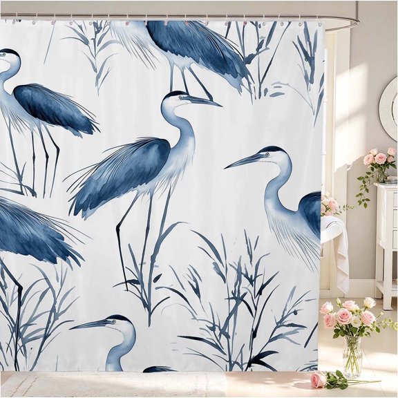 Erosebridal Watercolor Heron Animals Shower Curtain 72Wx72L,Cute Wildlife Bathroom Curtain,White Blue