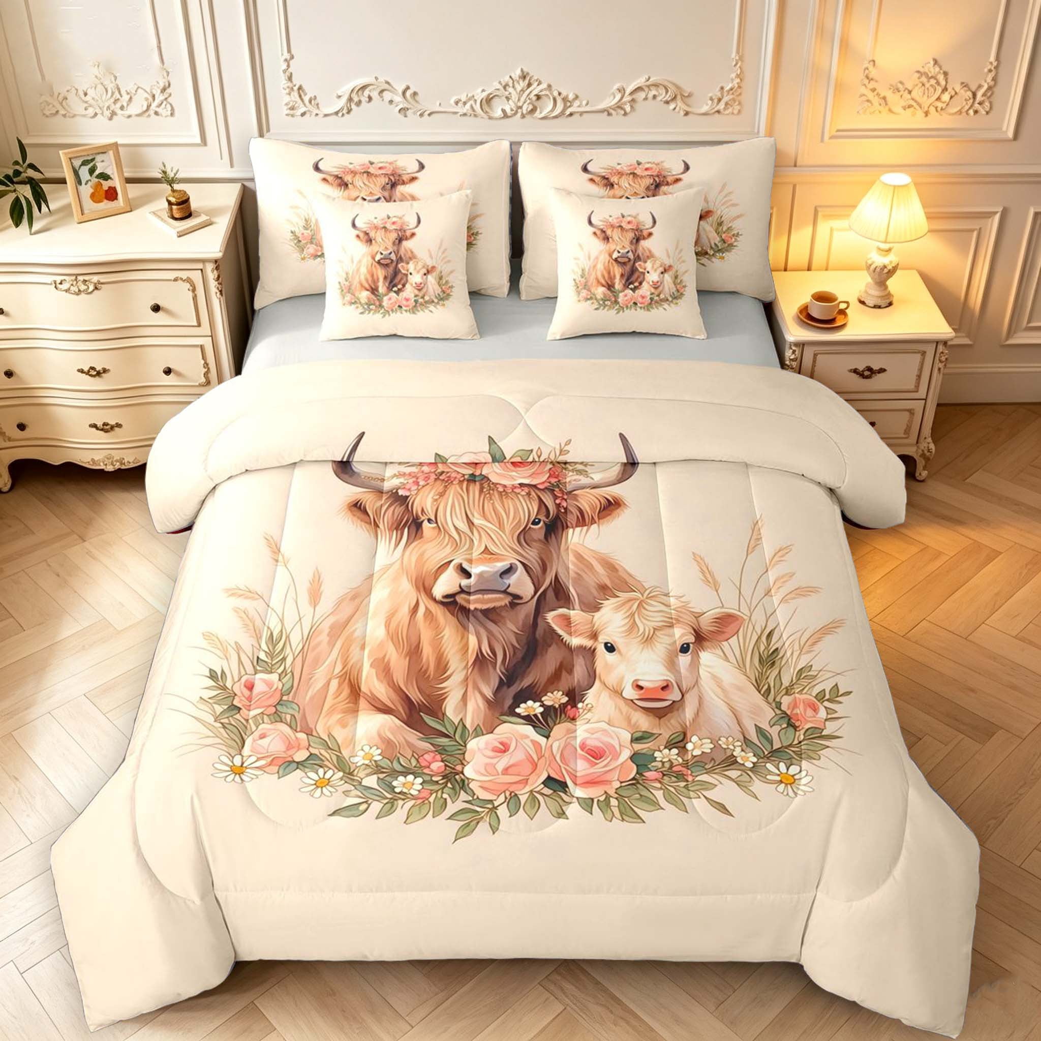 Erosebridal Watercolor Highland Cow Animals 7-Piece King Bedding,Rose ...