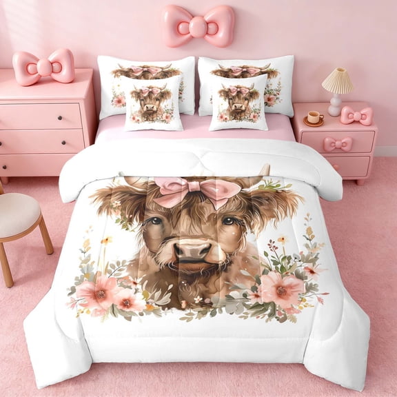 Erosebridal Watercolor Highland Cow Pink Bow Bedding Comforter Set for Girls, Brown Pink Floral King Bedding Sets, Pink Reversible, 7pcs