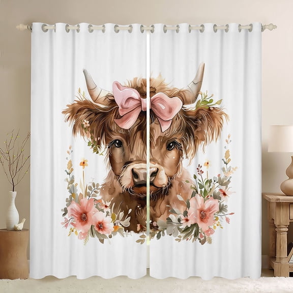 Erosebridal Watercolor Highland Cow Pink Bow Curtains Pack of 2 (42x84 Each) for Girls, Brown Pink Floral Curtains Blackout