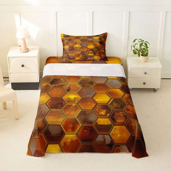 Erosebridal Watercolor Honeycomb Twin Sheet Sets, Brown Hexagon Bedding, 1 Flat Sheet, 1 Fitted Sheet and 1 Pillowcase