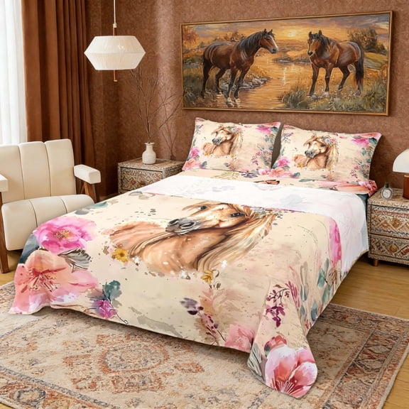 Erosebridal Watercolor Horse Queen Sheet Sets for Kids Girls, Vintage Flowers Bed Set, 4pcs (1 Flat Sheet, 1 Fitted Sheet and 2 Pillowcases)