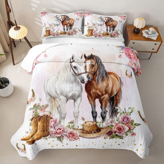 Erosebridal Watercolor Horse Twin Quilt Set for Girls, Floral Cowboy Cowgirl Twin Coverlet Set, Brown Pink, 2 Pieces