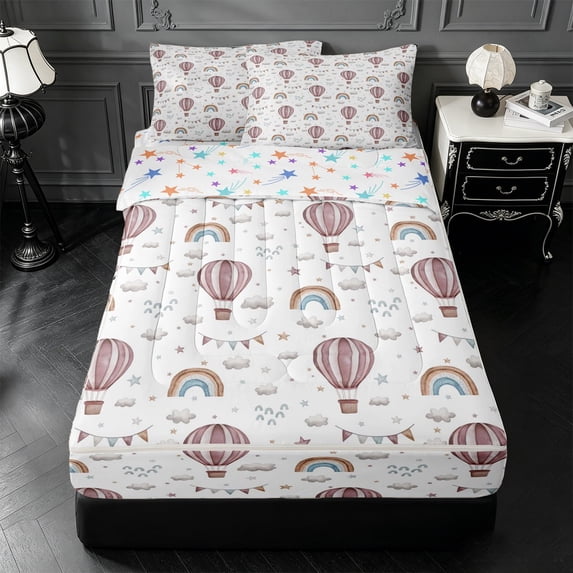 Erosebridal Watercolor Hot Air Zipper Queen Comforter Set with Fitted Sheet and 2 Pillowcases,Rainbow Cloud Zipper Bedding Set For Girls,Colorful Stars Reversible,4 Pieces