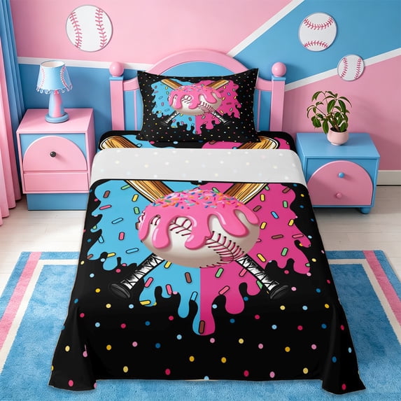 Erosebridal Watercolor Ice Cream Drip Twin Sheet Sets,Kids Baseball Ball Games Bedding For Boys 3pcs