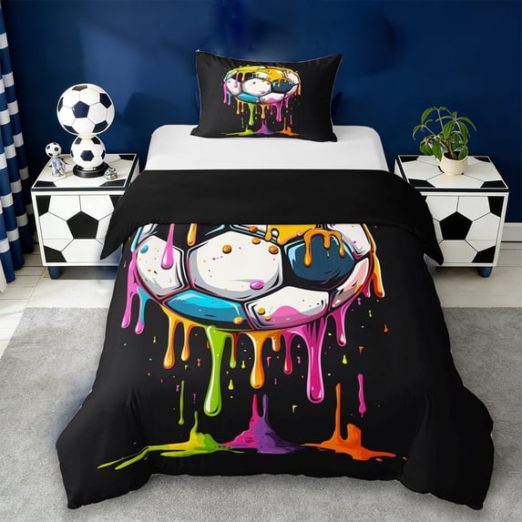 Erosebridal Watercolor Ice Cream Football Kids Twin Bedding,Soccer Sport Games Ball Lover Duvet Cover Set,Reversible Black 2-Piece,No Comforter