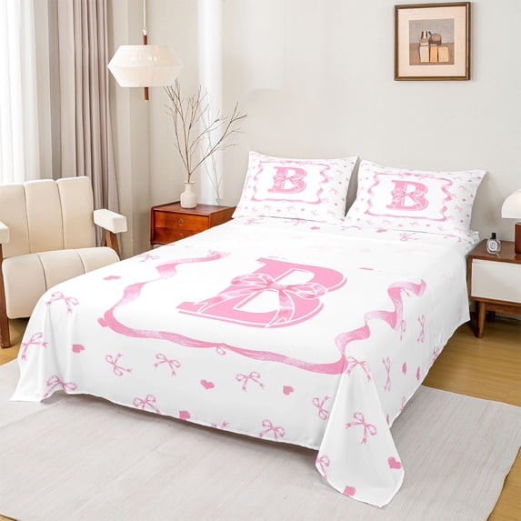 Erosebridal Watercolor Initial B Girls Queen Sheet Sets, Bow Love Heart Bed Set, 4-Piece