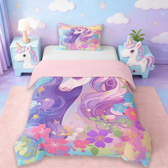 Erosebridal Watercolor Ink Graffiti Twin Bedding,Cartoon Unicorn Colorful Flowers Duvet Cover Set For Kids Girls,Reversible Pink 2-Piece,No Comforter