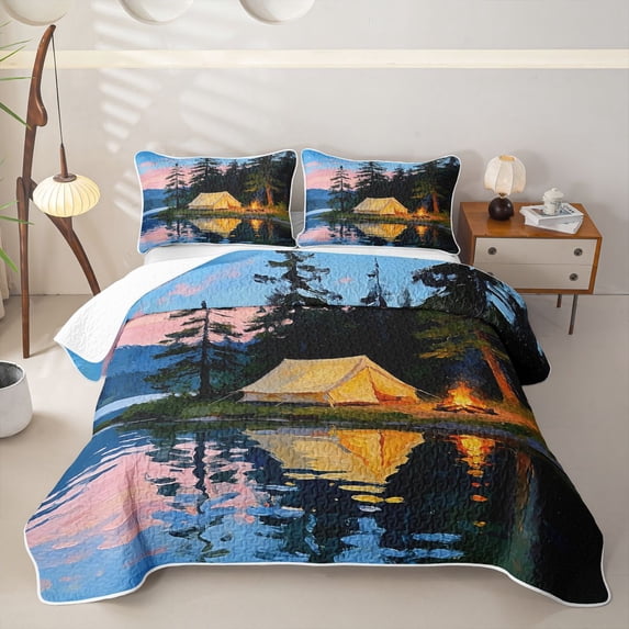 Erosebridal Watercolor Jungle River House Quilt Full for Teens,Camping Tent Full Bedspread Sets for Boys Girls