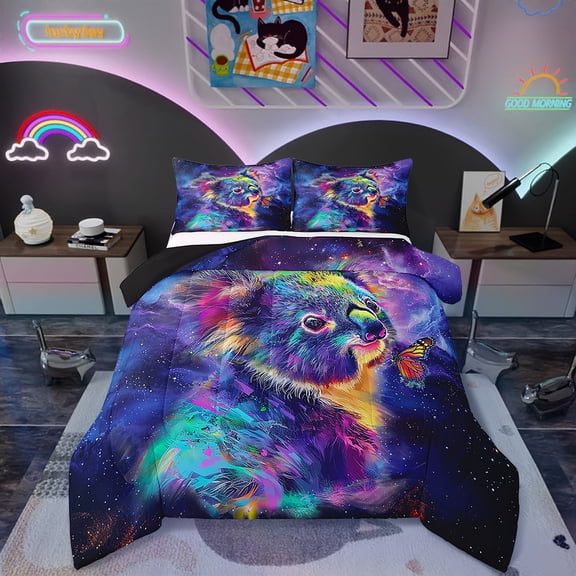 Erosebridal Watercolor Koala Bedding Full Size Purple Navy Blue Comforter Set Full, Woodland Wildlife Duvet Insert Cute Animal Quilt Comforter , Glitter Stars Galaxy 05