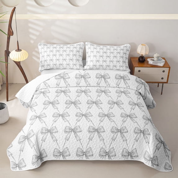 Erosebridal Watercolor Lattice Bow Twin Quilt Set for Girls, Grey Diamond Ribbon Grid Twin Coverlet Set, 2-Piece