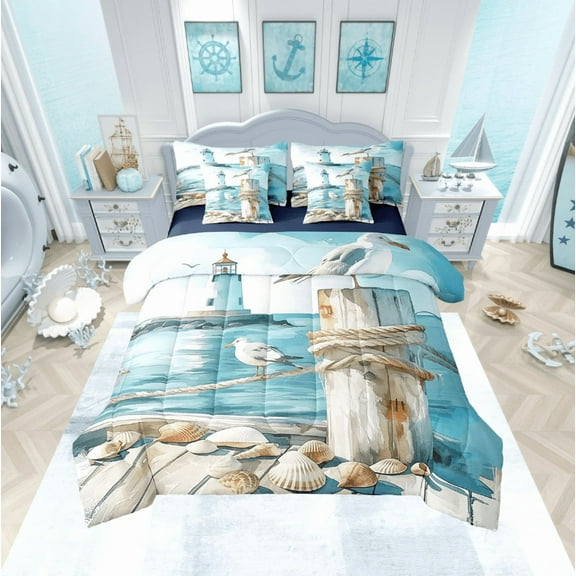 Erosebridal Watercolor Lighthouse Bed in a Bag Twin size, Ocean Beach Comforter Sets with Sheets, Reversible 7 Pieces