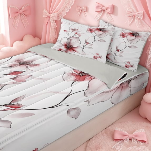 Erosebridal Watercolor Magnolia Zipper Twin Comforter Sets with Fitted Sheet and 2 Pillowcases for Girls, Red Botanical Floral Zipper Bedding Set, Gray Reversible, 4 Pieces